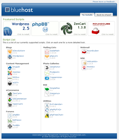 Bluehost 的新服務 SimpleScripts – 艾德的部落格天空